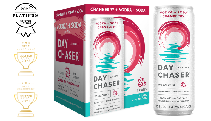 Four pack box with can of Day Chaser Cranberry Vodka and Soda Cocktail. 12 Fluid Ounces, 4.7% Alcohol by volume.