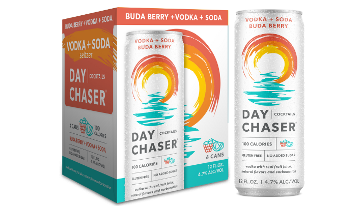 Four pack box with can of Day Chaser Buda Berry Vodka and Soda Cocktail. 12 Fluid Ounces, 4.7% Alcohol by volume.