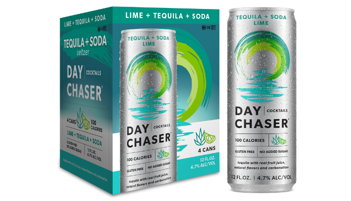 Four pack box with can of Day Chaser Lime Tequila and Soda Cocktail. 12 Fluid Ounces, 4.7% Alcohol by volume.