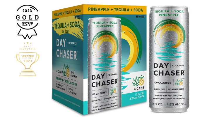 Four pack box with can of Day Chaser Pineapple Tequila and Soda Cocktail. 12 Fluid Ounces, 4.7% Alcohol by volume.